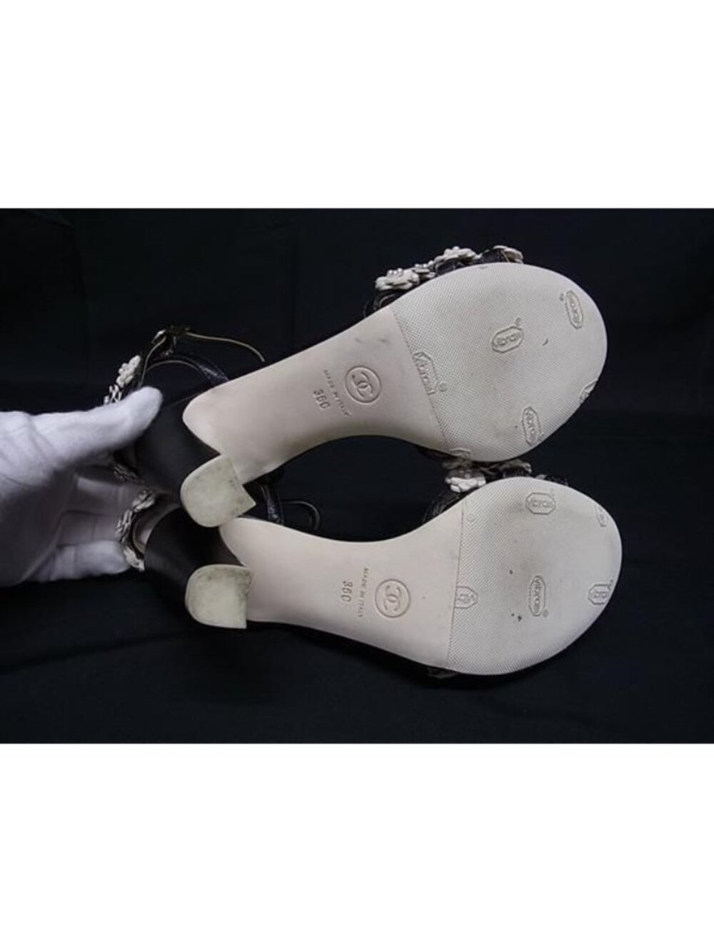 Chanel CC Logo Camellia Leather Heel Sandals 36 Shoes Black - Picture 4 of 7